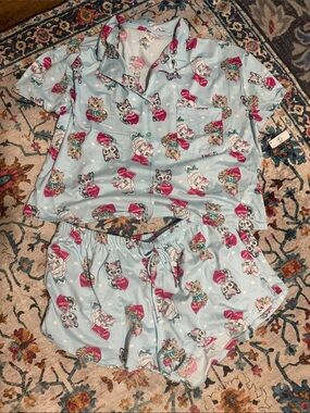 Light Blue Cute Cat Print Pajama Set
